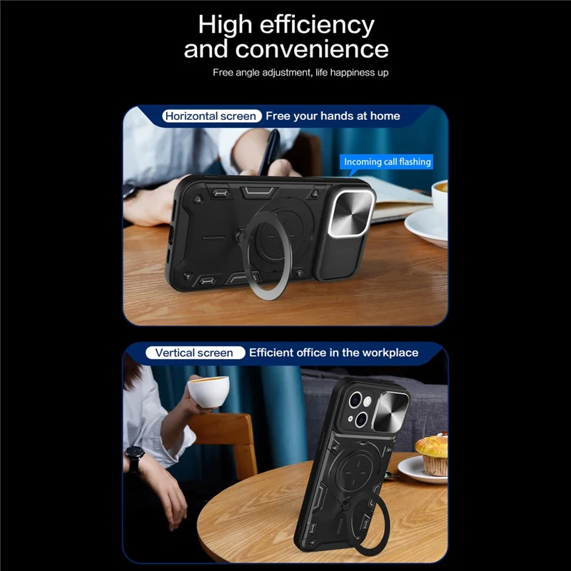 For iPhone 13 6.1 inch Slide Camera Guard Phone Case PC+TPU Drop-proof Cover with Rotating Kickstand - Pink