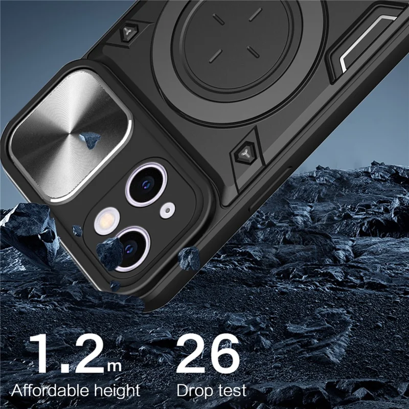 For iPhone 13 6.1 inch Slide Camera Guard Phone Case PC+TPU Drop-proof Cover with Rotating Kickstand - Pink