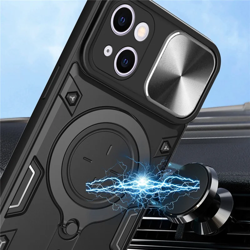 For iPhone 13 6.1 inch Slide Camera Guard Phone Case PC+TPU Drop-proof Cover with Rotating Kickstand - Pink