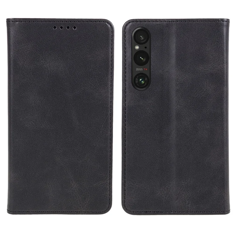 Для Sony Xperia 1 V Calf Texture PU Leather Case Wallet Slim-Fit Business Style Phone Stand Cover - Black