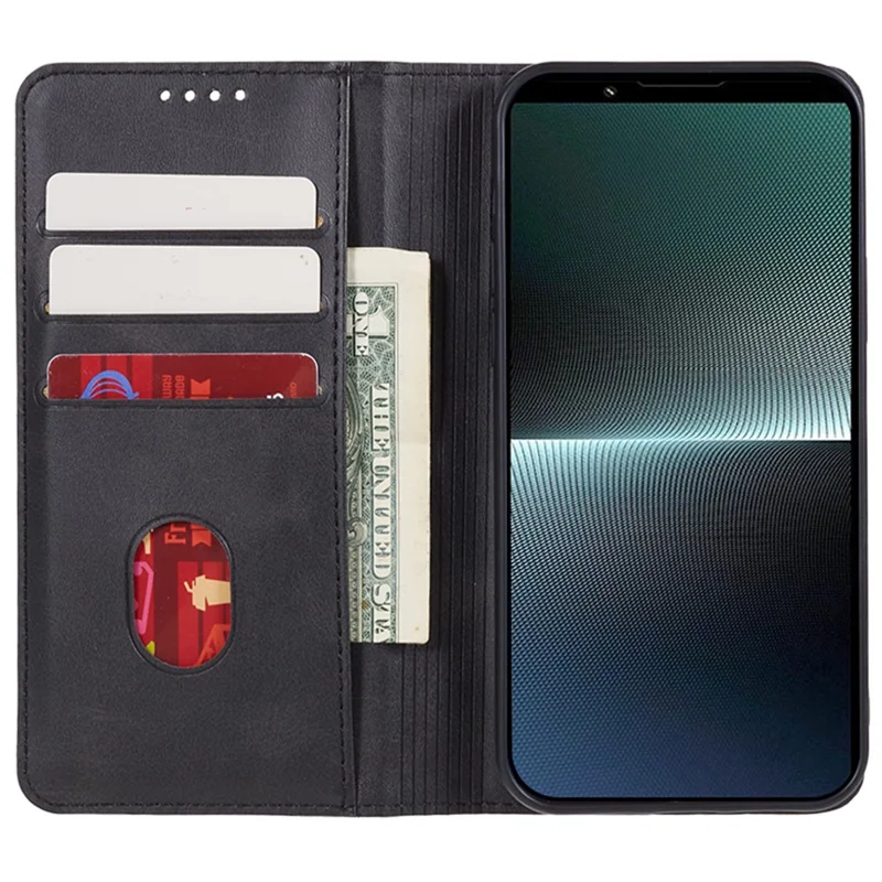 Для Sony Xperia 1 V Calf Texture PU Leather Case Wallet Slim-Fit Business Style Phone Stand Cover - Black
