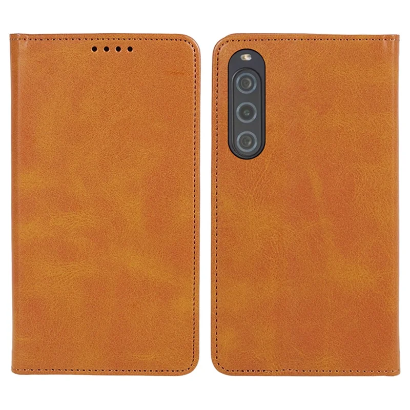 Anti-Scratch PU Leather Stand Case for Sony Xperia 10 V , Calf Texture Wallet Anti-drop Phone Cover - Khaki