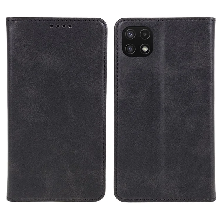 Para Samsung Galaxy A22 5G (Versión UE) Funda de Cuero TPU+PU de Textura de Ternera Cartera a Prueba de Golpes Soporte de Teléfono - Negro