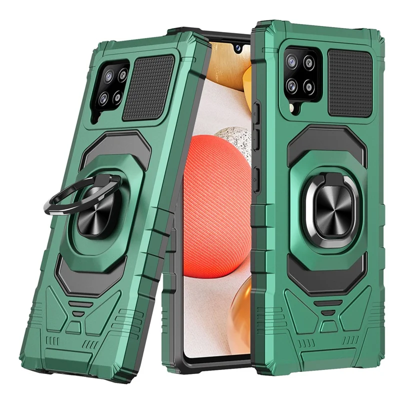 Bulk Purchasing For Samsung Galaxy A42 5G Ring Kickstand Anti-Drop Cover PC+TPU Hybrid Phone Case - Midnight Green