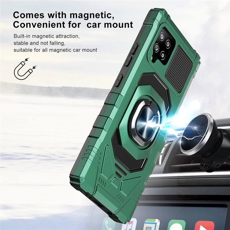 Bulk Purchasing For Samsung Galaxy A42 5G Ring Kickstand Anti-Drop Cover PC+TPU Hybrid Phone Case - Midnight Green