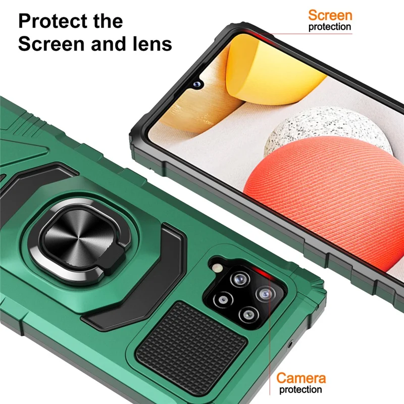 Bulk Purchasing For Samsung Galaxy A42 5G Ring Kickstand Anti-Drop Cover PC+TPU Hybrid Phone Case - Midnight Green