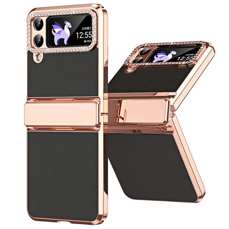 Per Samsung Galaxy Z Flip4 5G Hinge Protection Phone Case PU Leather+PC Electroplating Cover - Nero
