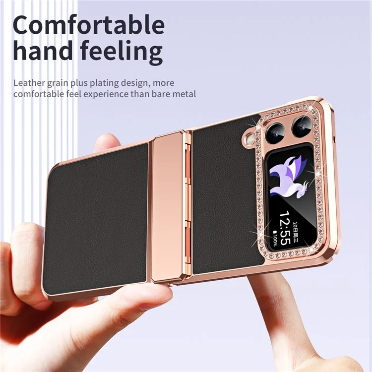 Per Samsung Galaxy Z Flip4 5G Hinge Protection Phone Case PU Leather+PC Electroplating Cover - Nero