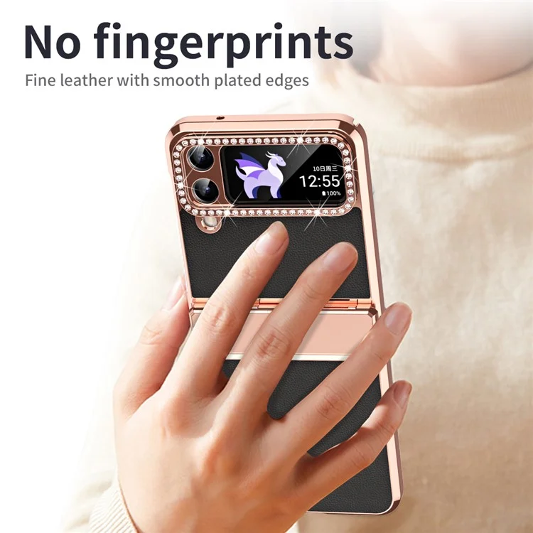 Per Samsung Galaxy Z Flip4 5G Hinge Protection Phone Case PU Leather+PC Electroplating Cover - Nero