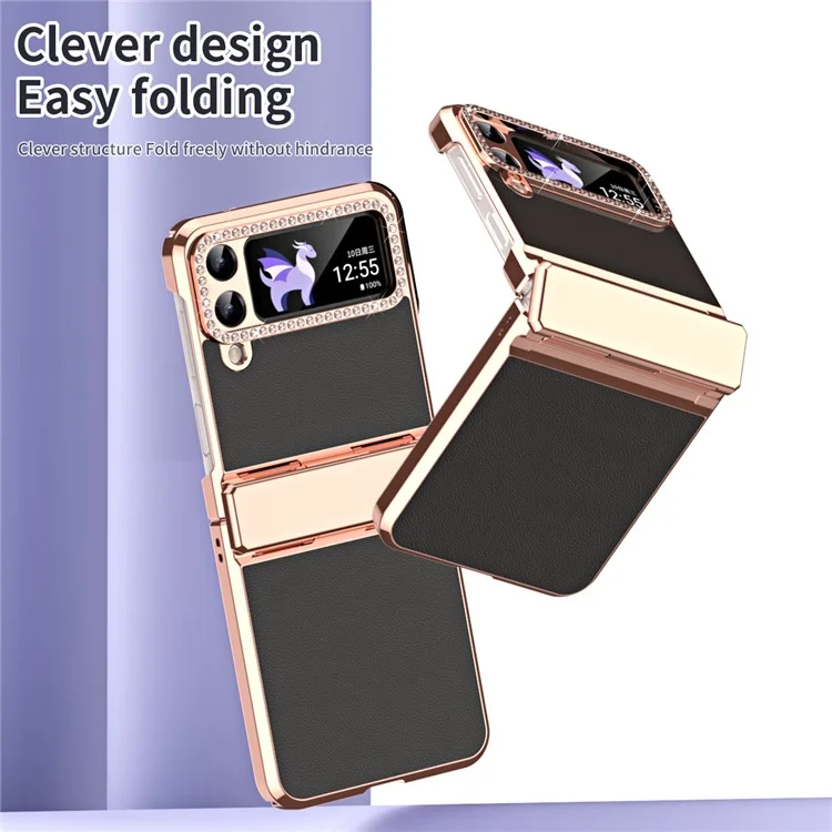 Per Samsung Galaxy Z Flip4 5G Hinge Protection Phone Case PU Leather+PC Electroplating Cover - Nero