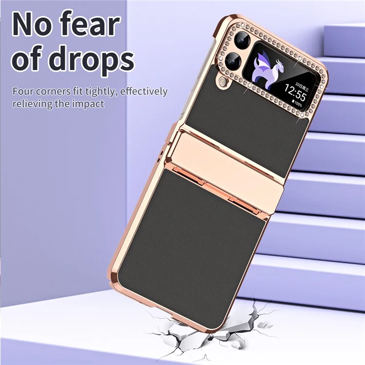 Per Samsung Galaxy Z Flip4 5G Hinge Protection Phone Case PU Leather+PC Electroplating Cover - Nero