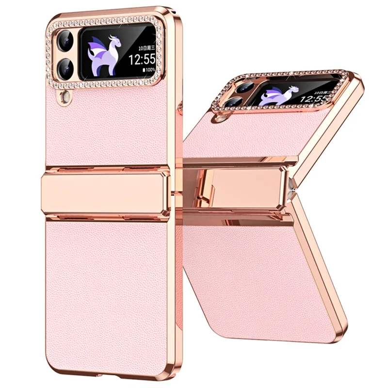 For Samsung Galaxy Z Flip4 5G Hinge Protection Phone Case PU Leather+PC Electroplating Cover - Pink