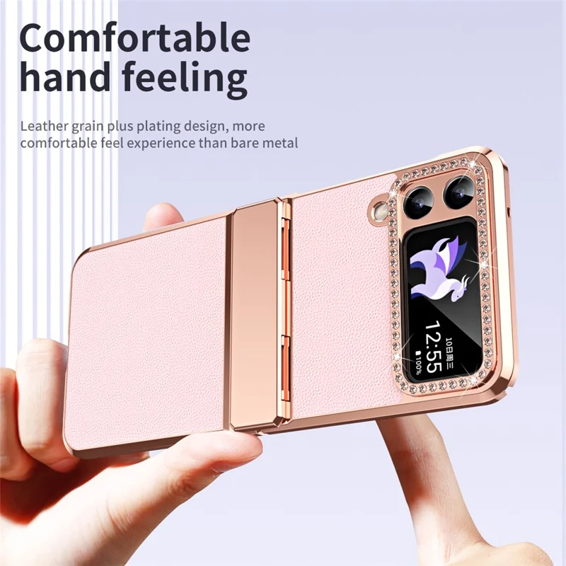 For Samsung Galaxy Z Flip4 5G Hinge Protection Phone Case PU Leather+PC Electroplating Cover - Pink