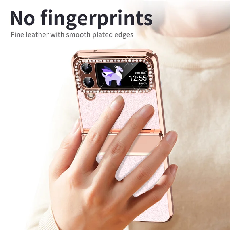 For Samsung Galaxy Z Flip4 5G Hinge Protection Phone Case PU Leather+PC Electroplating Cover - Pink