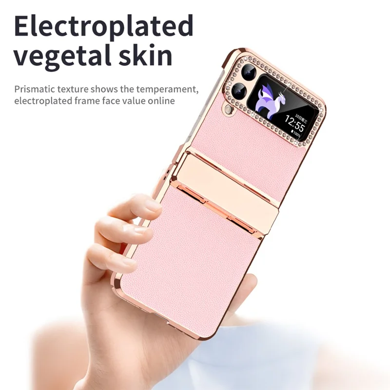For Samsung Galaxy Z Flip4 5G Hinge Protection Phone Case PU Leather+PC Electroplating Cover - Pink