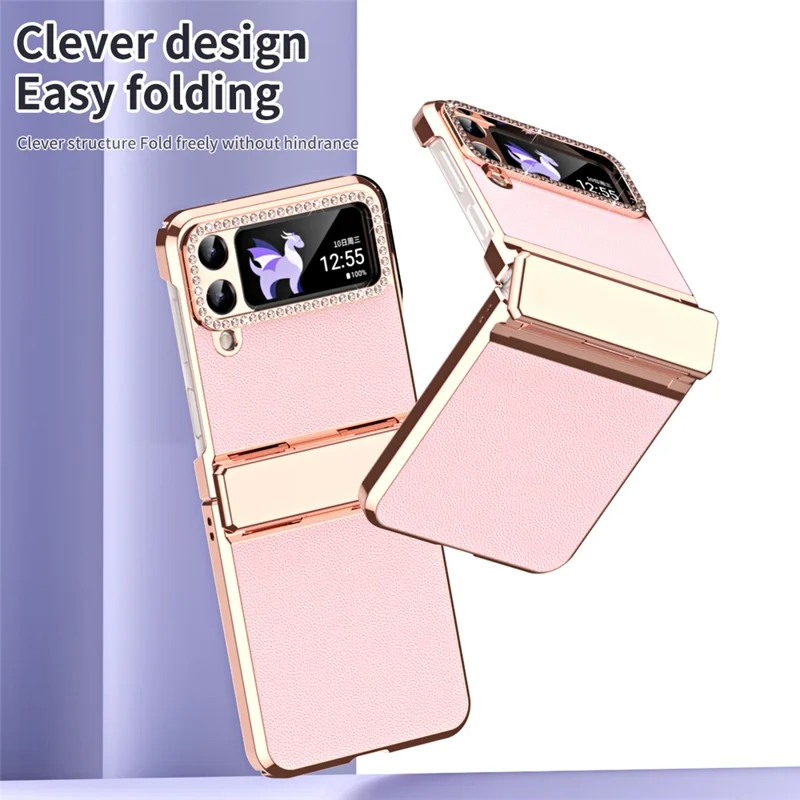 For Samsung Galaxy Z Flip4 5G Hinge Protection Phone Case PU Leather+PC Electroplating Cover - Pink