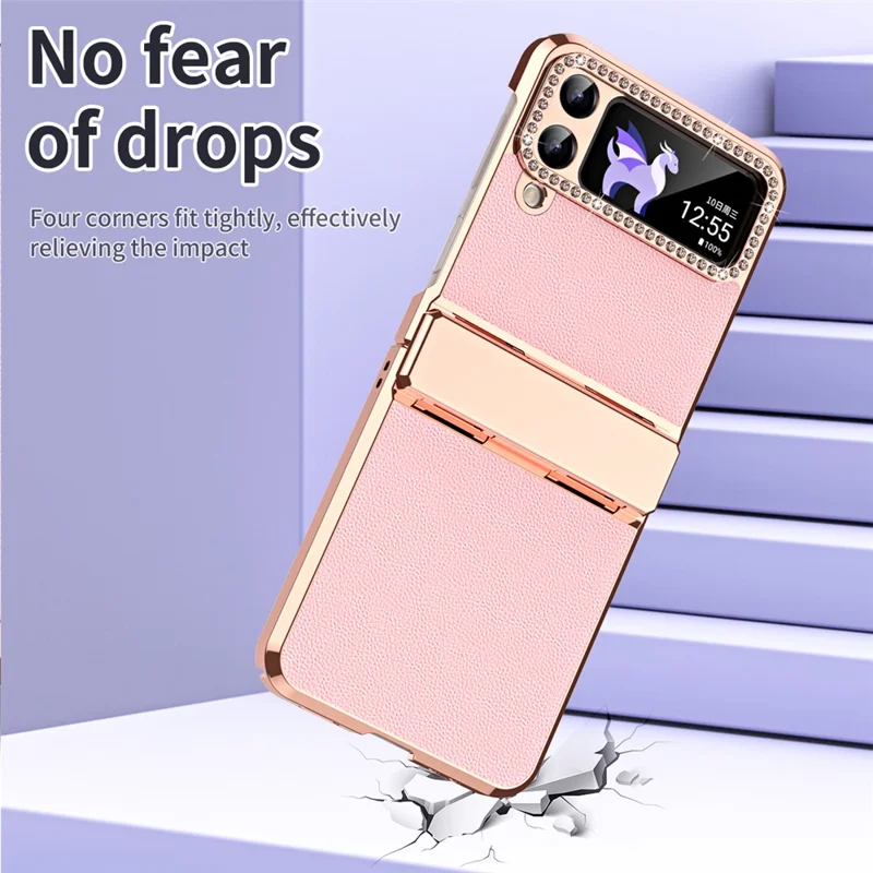 For Samsung Galaxy Z Flip4 5G Hinge Protection Phone Case PU Leather+PC Electroplating Cover - Pink