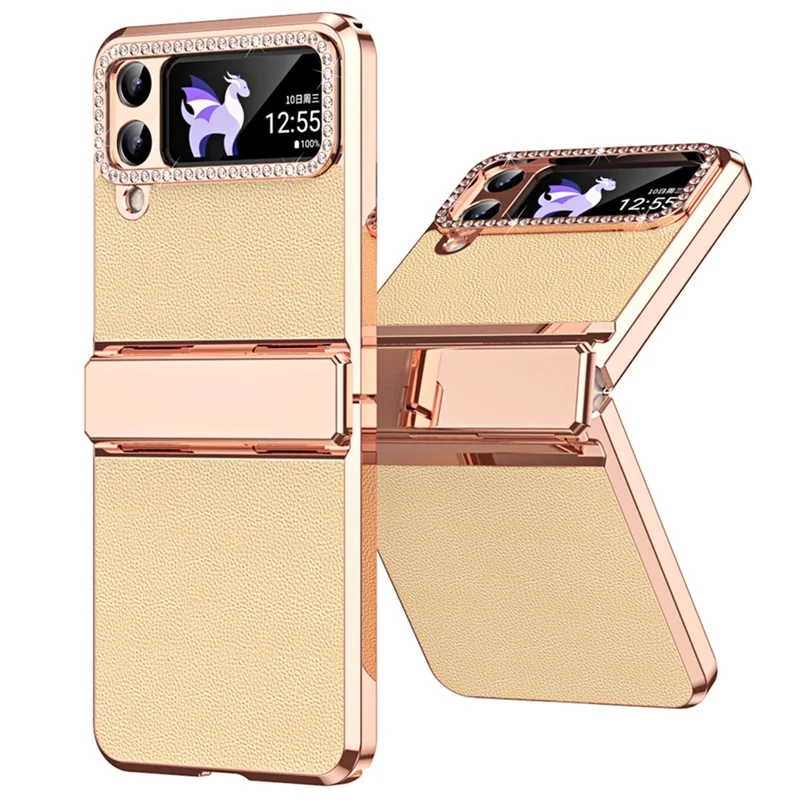 For Samsung Galaxy Z Flip4 5G Hinge Protection Phone Case PU Leather+PC Electroplating Cover - Gold