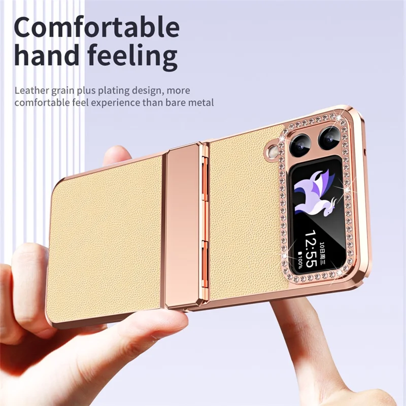 For Samsung Galaxy Z Flip4 5G Hinge Protection Phone Case PU Leather+PC Electroplating Cover - Gold