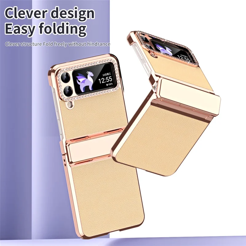 For Samsung Galaxy Z Flip4 5G Hinge Protection Phone Case PU Leather+PC Electroplating Cover - Gold