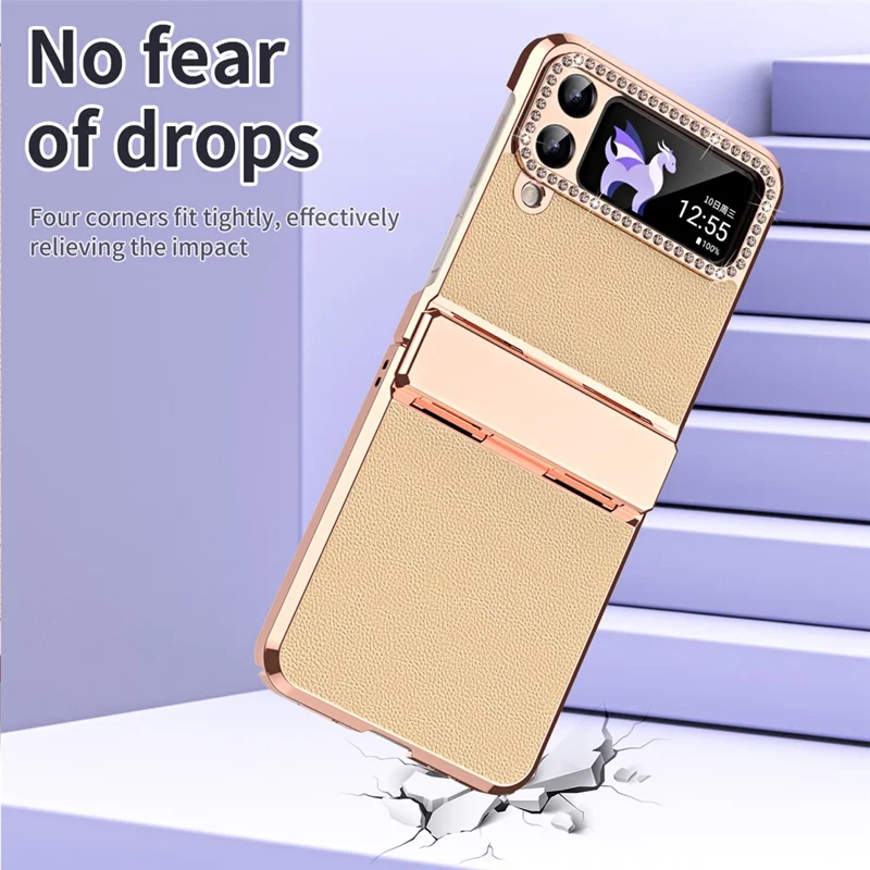 For Samsung Galaxy Z Flip4 5G Hinge Protection Phone Case PU Leather+PC Electroplating Cover - Gold