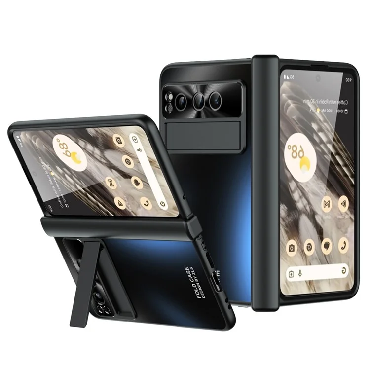 For Google Pixel Fold Kickstand Phone Case Hinge Protection  Hard PC Cover with Tempered Glass Screen Film - Black