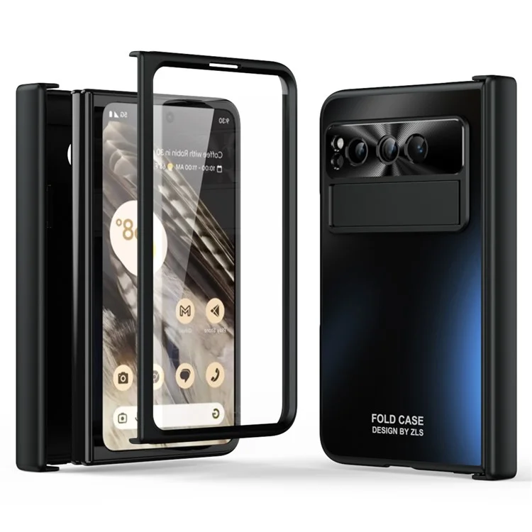 For Google Pixel Fold Kickstand Phone Case Hinge Protection  Hard PC Cover with Tempered Glass Screen Film - Black