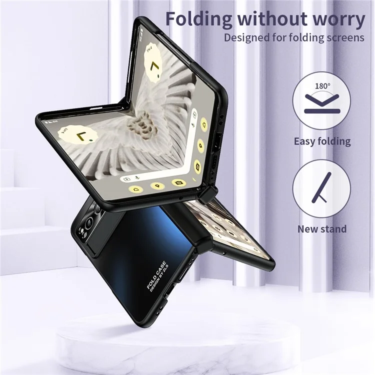 For Google Pixel Fold Kickstand Phone Case Hinge Protection  Hard PC Cover with Tempered Glass Screen Film - Black