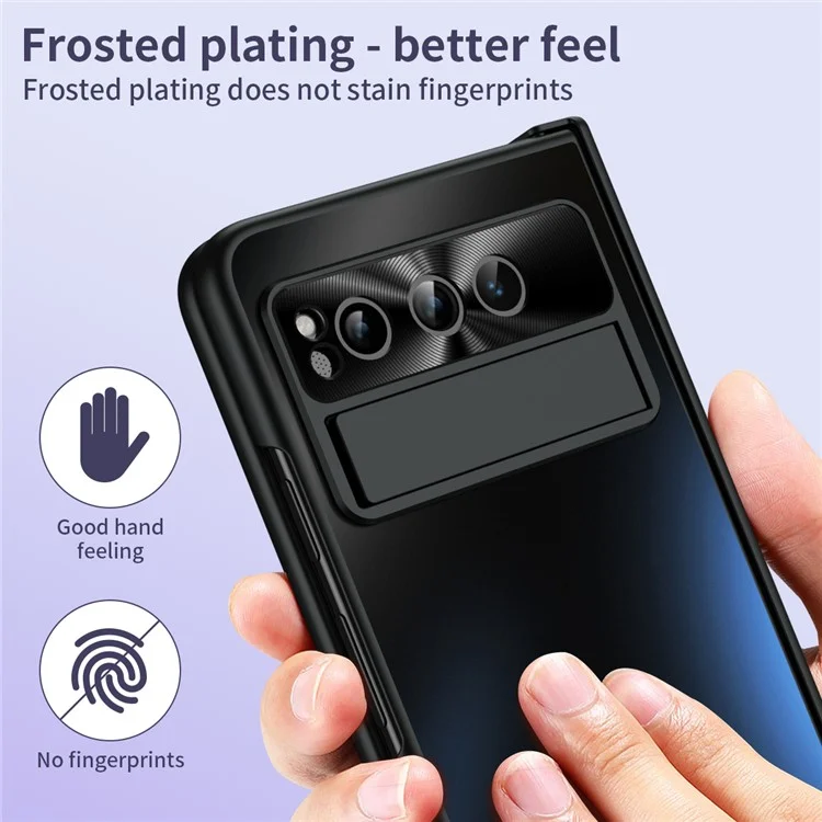 For Google Pixel Fold Kickstand Phone Case Hinge Protection  Hard PC Cover with Tempered Glass Screen Film - Black