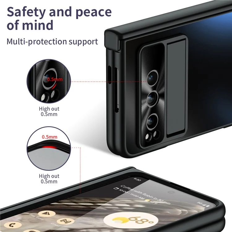 For Google Pixel Fold Kickstand Phone Case Hinge Protection  Hard PC Cover with Tempered Glass Screen Film - Black