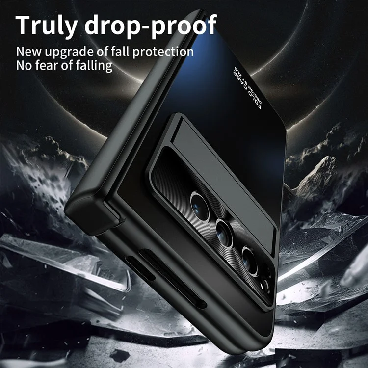 For Google Pixel Fold Kickstand Phone Case Hinge Protection  Hard PC Cover with Tempered Glass Screen Film - Black