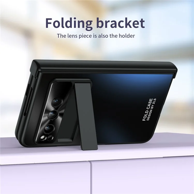 For Google Pixel Fold Kickstand Phone Case Hinge Protection  Hard PC Cover with Tempered Glass Screen Film - Black