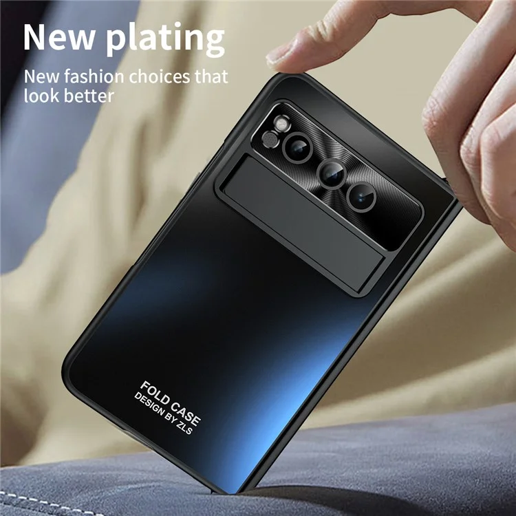 For Google Pixel Fold Kickstand Phone Case Hinge Protection  Hard PC Cover with Tempered Glass Screen Film - Black