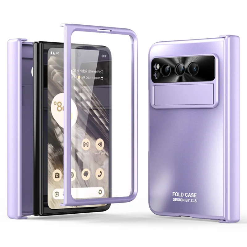 For Google Pixel Fold Kickstand Phone Case Hinge Protection  Hard PC Cover with Tempered Glass Screen Film - Purple