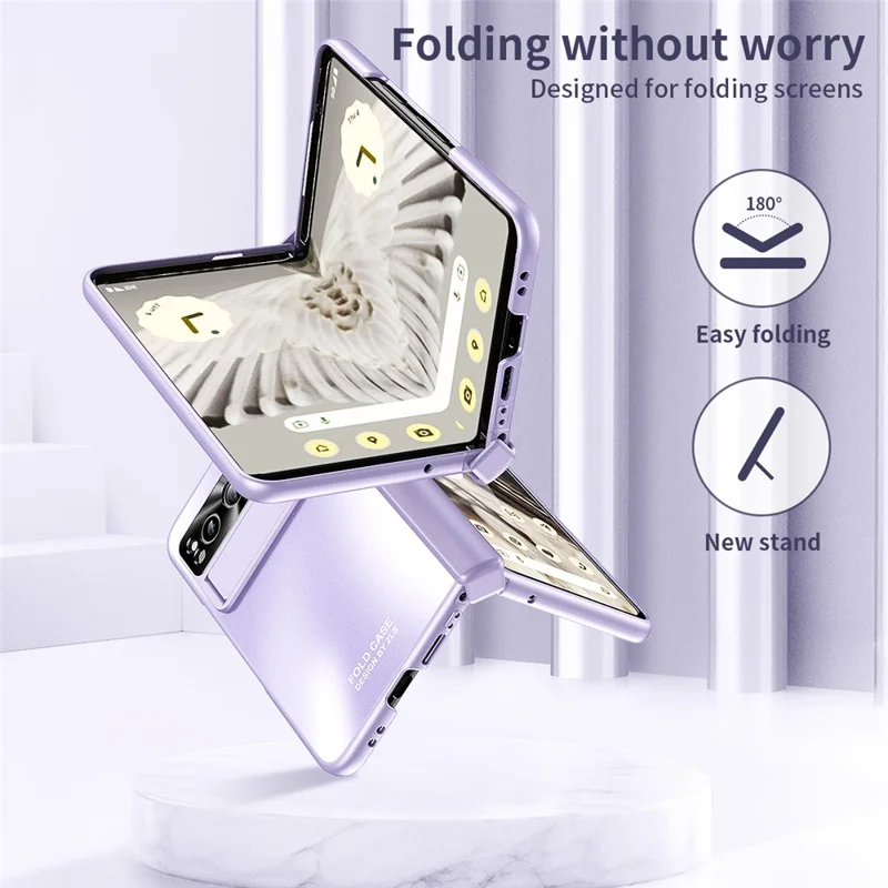 For Google Pixel Fold Kickstand Phone Case Hinge Protection  Hard PC Cover with Tempered Glass Screen Film - Purple