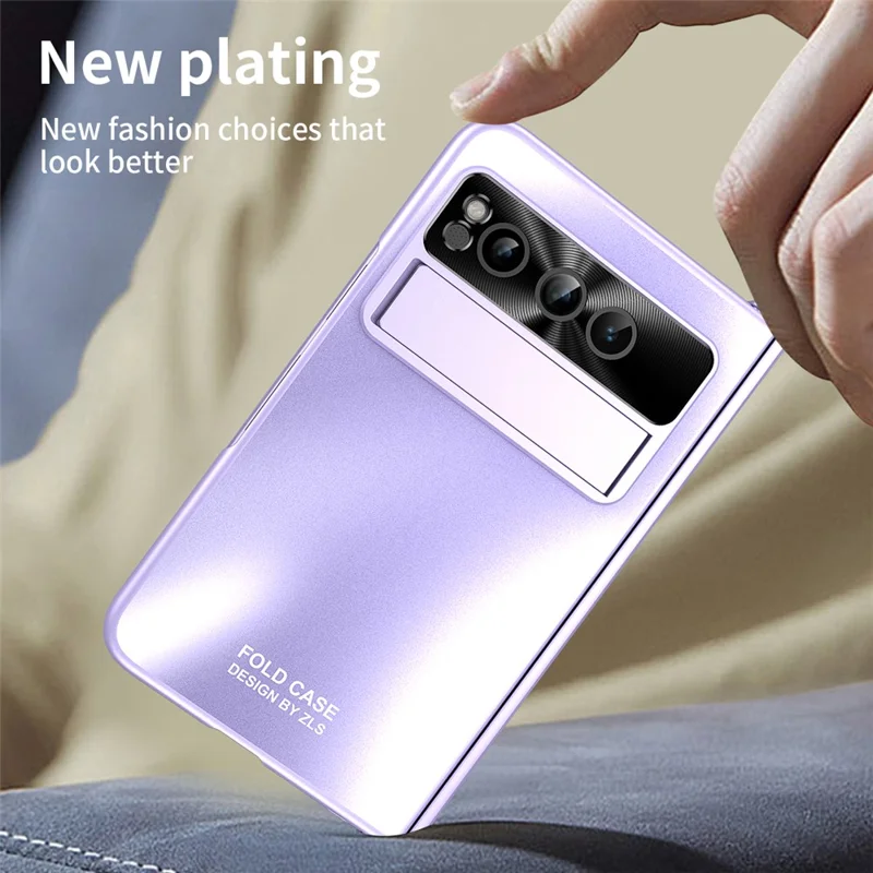 For Google Pixel Fold Kickstand Phone Case Hinge Protection  Hard PC Cover with Tempered Glass Screen Film - Purple
