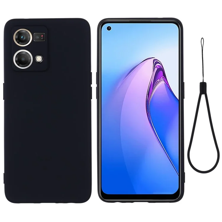 Für Oppo Reno8 4G Liquid Silicone Handyhülle, weiche Fütterung, stoßfeste Hülle mit Gurt - Schwarz