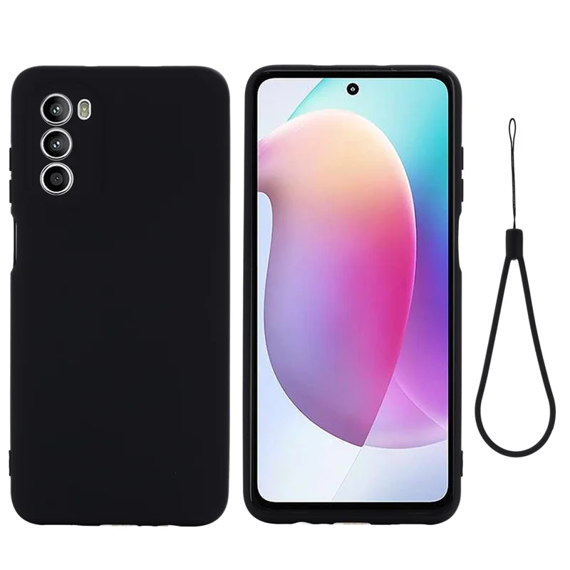 Phone Case for Motorola Moto G71s 5G , Liquid Silicone Soft Lining Anti-scratch Cover with Strap - Black