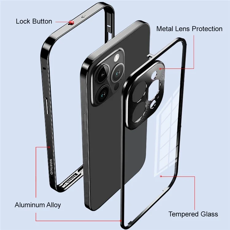 NORTHJO For iPhone 14 Pro Safety Lock Phone Case Aluminum Alloy Frame+Tempered Glass Double Sided Protection Cover - Black
