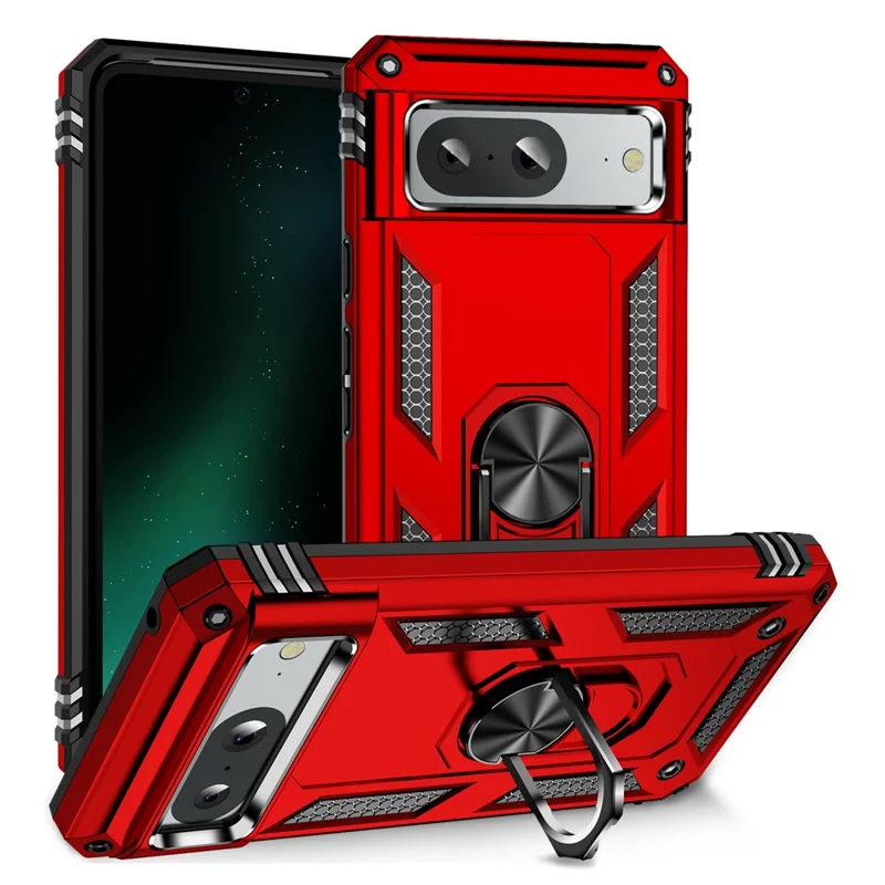 For Google Pixel 8 Ring Kickstand Phone Case PC+TPU Cover with Built-in Magnetic Holder Metal Sheet - Red