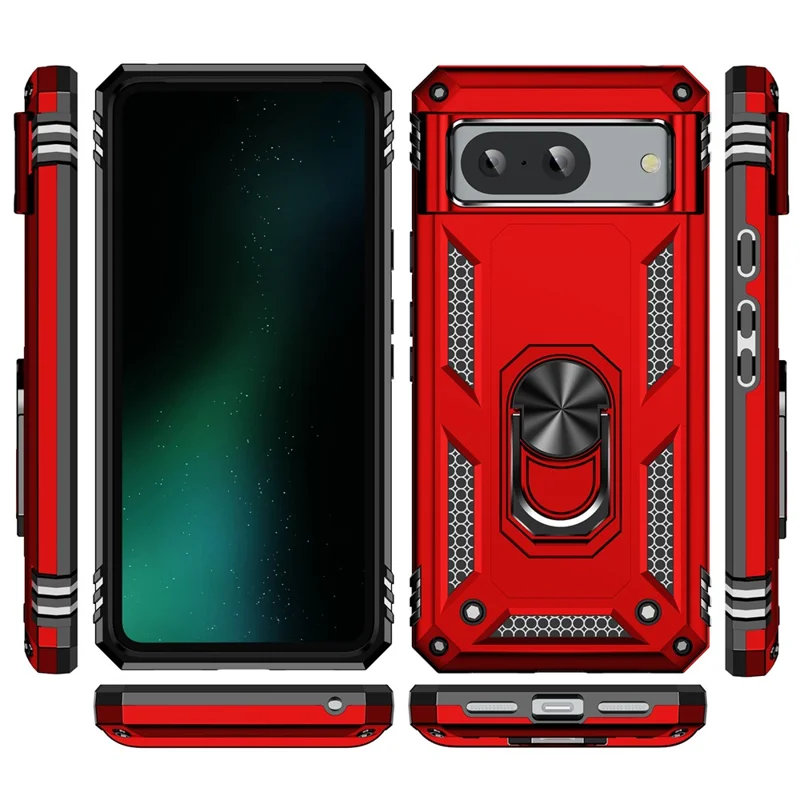 For Google Pixel 8 Ring Kickstand Phone Case PC+TPU Cover with Built-in Magnetic Holder Metal Sheet - Red