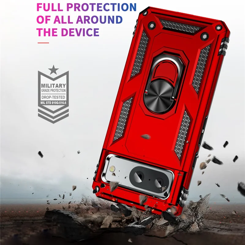 For Google Pixel 8 Ring Kickstand Phone Case PC+TPU Cover with Built-in Magnetic Holder Metal Sheet - Red