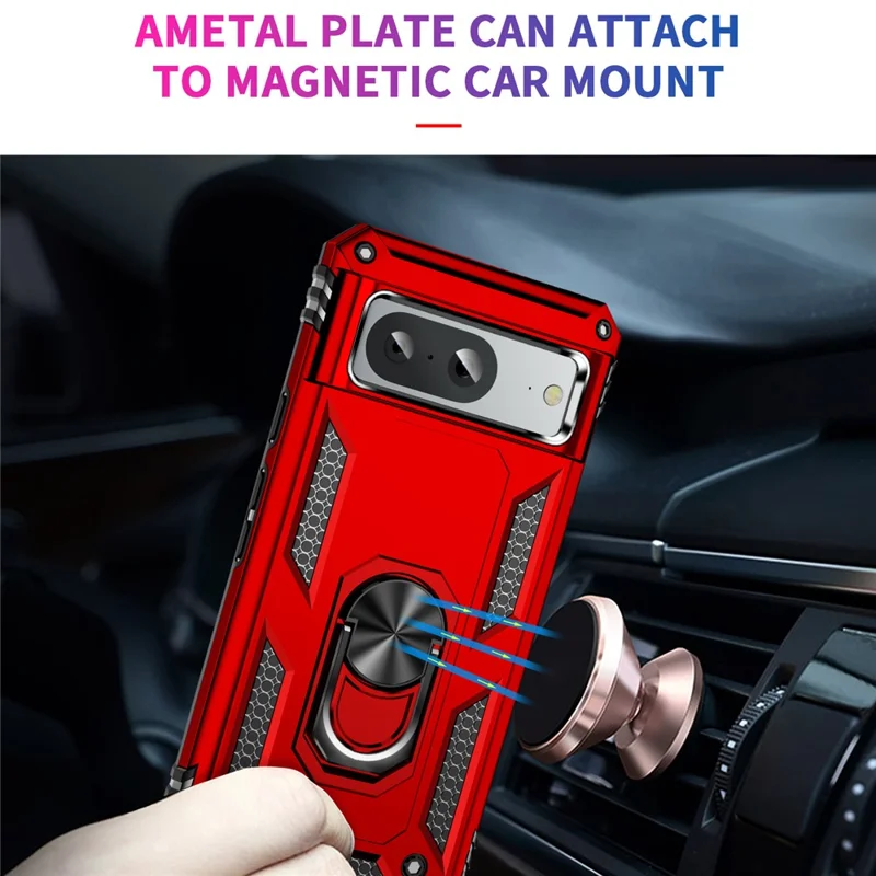 For Google Pixel 8 Ring Kickstand Phone Case PC+TPU Cover with Built-in Magnetic Holder Metal Sheet - Red