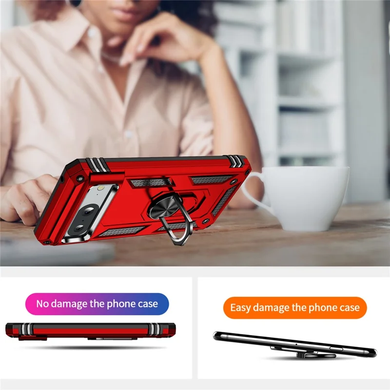 For Google Pixel 8 Ring Kickstand Phone Case PC+TPU Cover with Built-in Magnetic Holder Metal Sheet - Red
