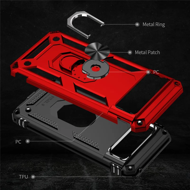 For Google Pixel 8 Ring Kickstand Phone Case PC+TPU Cover with Built-in Magnetic Holder Metal Sheet - Red