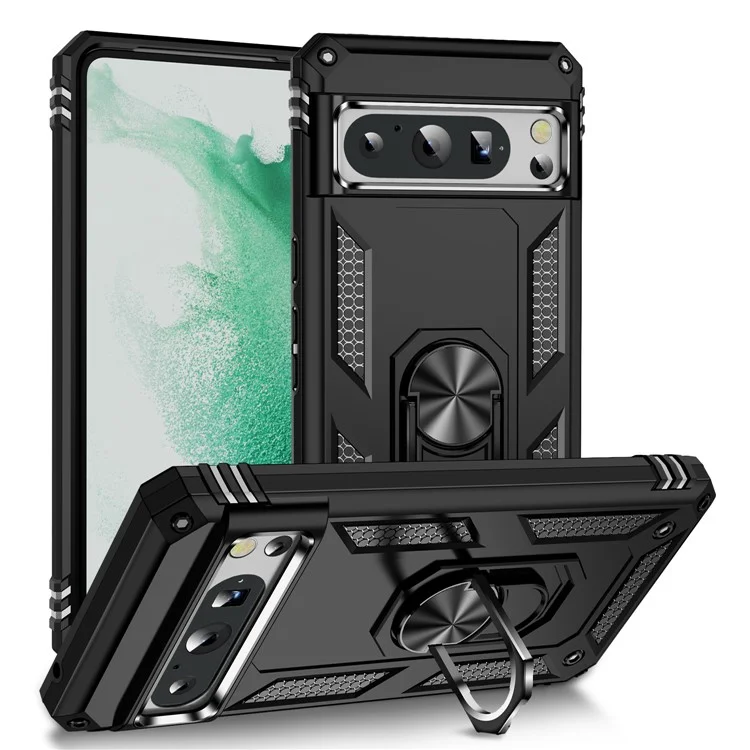 For Google Pixel 8 Pro PC+TPU Kickstand Phone Case Magnetic Car Mount Holder Phone Cover - Black