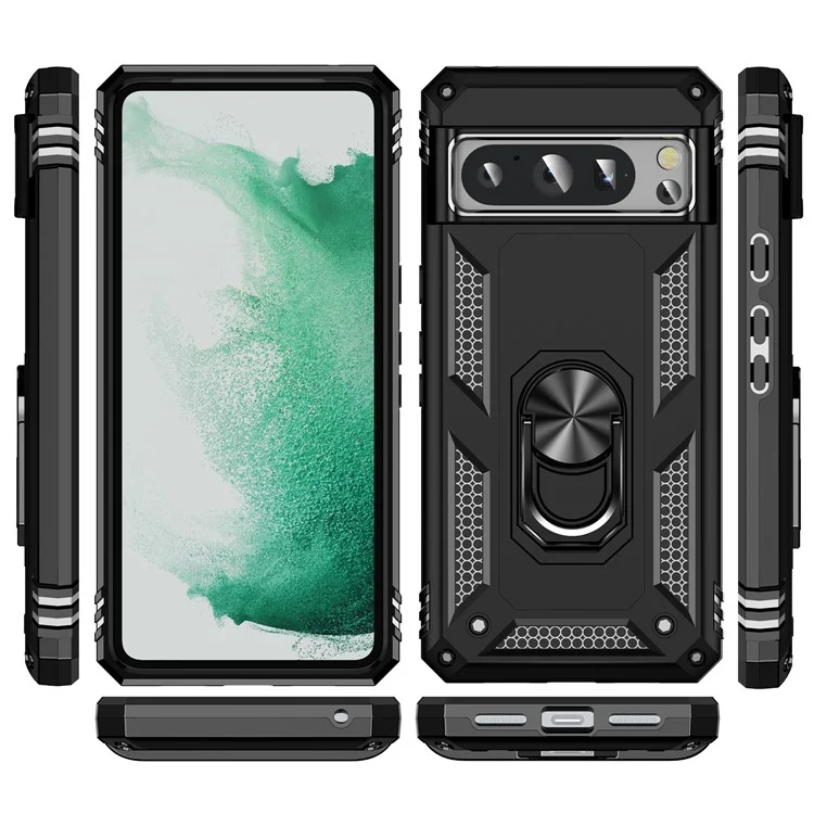 For Google Pixel 8 Pro PC+TPU Kickstand Phone Case Magnetic Car Mount Holder Phone Cover - Black