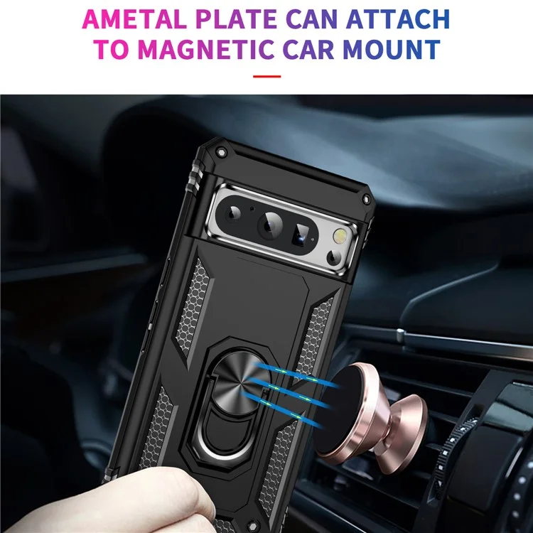 For Google Pixel 8 Pro PC+TPU Kickstand Phone Case Magnetic Car Mount Holder Phone Cover - Black