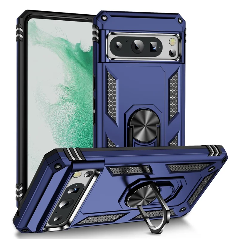 For Google Pixel 8 Pro PC+TPU Kickstand Phone Case Magnetic Car Mount Holder Phone Cover - Blue
