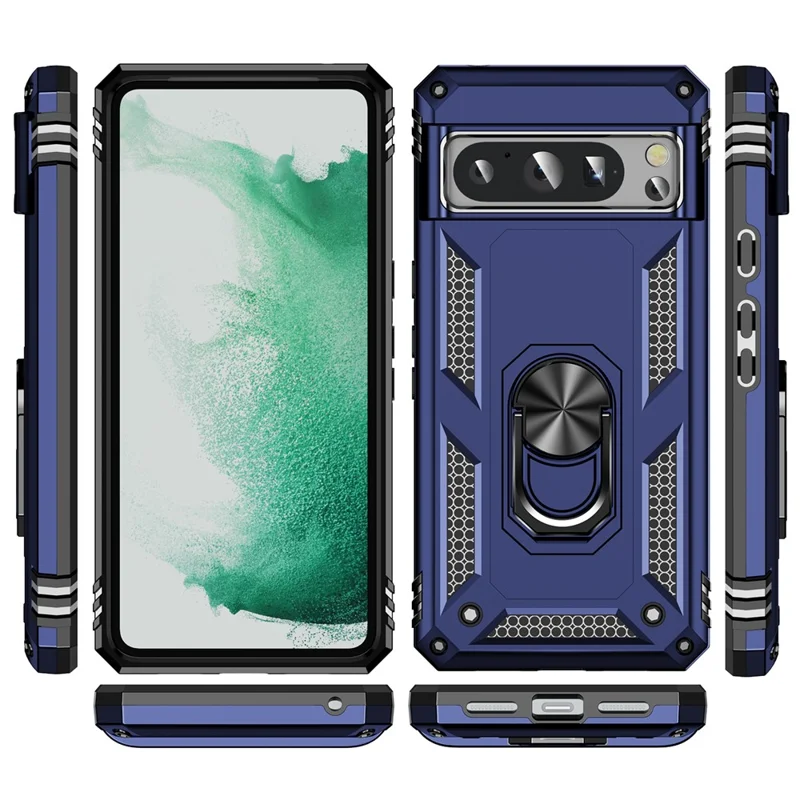 For Google Pixel 8 Pro PC+TPU Kickstand Phone Case Magnetic Car Mount Holder Phone Cover - Blue